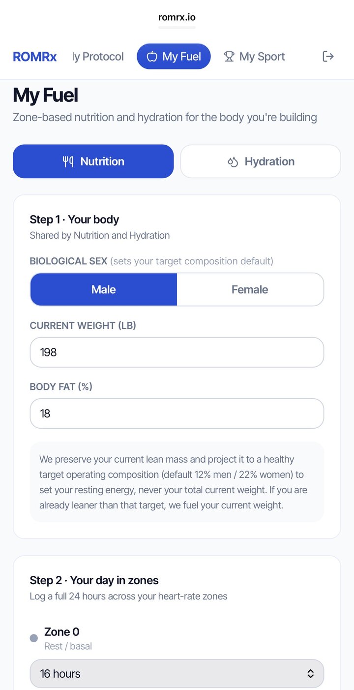 Fuel and hydration calculators in the ROMRx app