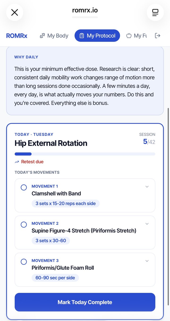 Daily plan and protocol in the ROMRx app